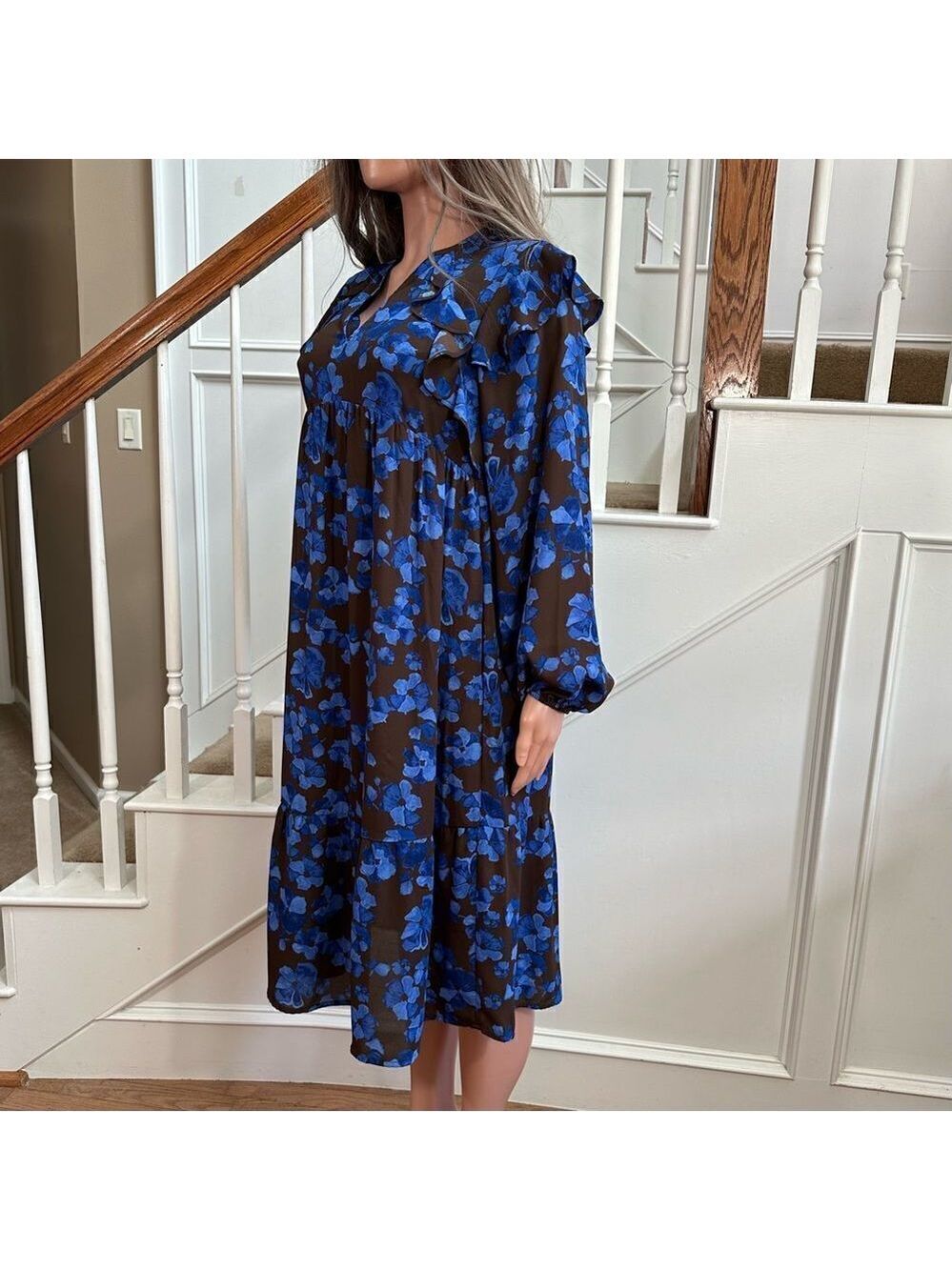 Adorable brown blue floral peasant midi dress